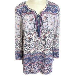 Lucky Brand Paisley Floral Tunic Top Women Size S 3/4 Sleeve Lace Up Boho Chic